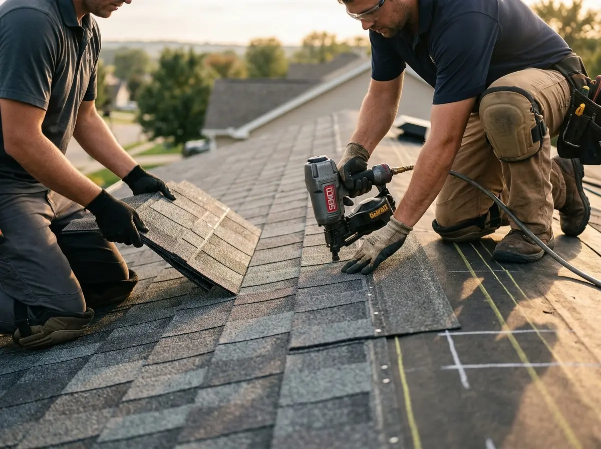 Professional roofer working on a residential roof in Tonganoxie